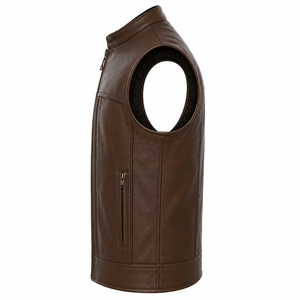 Men's <b>Brown</b> Genuine Leather Motorcycle <b>Vest</b> – Sleeveless Biker <b>Vest</b> with Stand Collar & Zip Closure - Product Image 6