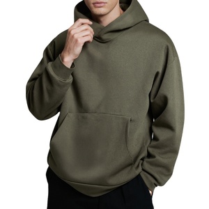 Men's Olive Green Hooded Sweatshirt Oversized Fit Regular Sleeve Solid Color Casual Autumn Cotton French Terry Pocket Design - Product Image 1