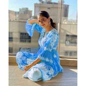 DISEÑADOR GEORGETTE BORDADO IMPRESO DIGITAL TRABAJO KURTI CON PALAZZO SKY - Product Image 1