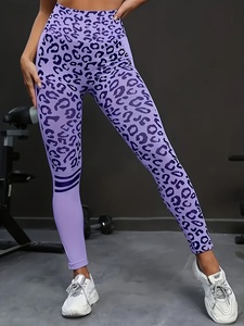 Leggings de yoga taille haute à imprimé léopard violet, longueur intégrale, avec bande latérale, extensibles dans les quatre sens, taille élastique - Product Image 5