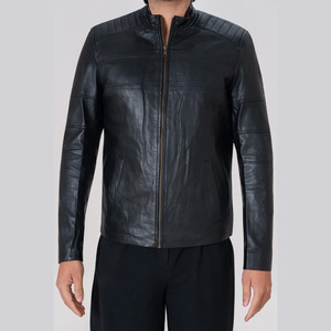 Blouson Moto Homme en Cuir Véritable Noir, Col Montant, Fermeture Éclair, Coupe Slim, Longueur Standard, Couleur Unie, Idéal pour l'Automne – Vente en Gros - Product Image 4