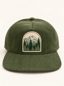 Casquette de baseball unisexe en velours côtelé vert à 5 panneaux, chapeau d'extérieur avec broderie montagne et forêt - Product Image 1