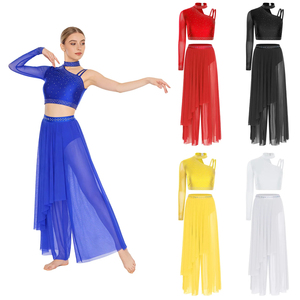 Costume de danse lyrique de style moderne, haut court à une épaule orné de strass brillants avec jupes en maille, justaucorps pour ballet et patinage - Product Image 6