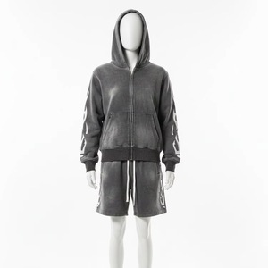 <b>Men</b> Washed <b>Grey</b> Hooded Zip Up Tracksuit Set Print Loose Fit <b>Hoodie</b> Shorts 2 Piece Streetwear - Product Image 1