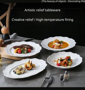 White ceramic Plates with Embossed decorative floral Pattern glossy Underglazed Durable Eco-Friendly BPA Free Oven <b>Microwave</b> - Product Image 1