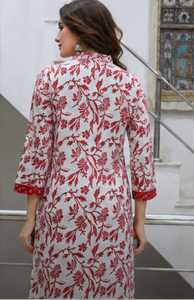 Women Red Floral Printed Cotton Kurti Mandrin Collar Straight Kurta Ethnic Casual Wear Tunic <b>Top</b> <b>Indian</b> Ladies Dress Wholesale - Product Image 4