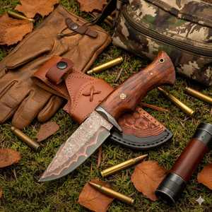 Copper Damascus Hunting Knife, Raindrop Pattern With Rosewood Handle - Product Image 3