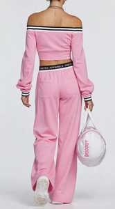 Women <b>Pink</b> <b>Off</b> <b>Shoulder</b> Two Piece Set Long Sleeve Crop <b>Top</b> Wide Leg Pants Sporty Tracksuit - Product Image 2