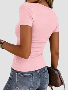 Women's <b>Pink</b> Ribbed O-Neck Short Sleeve Slim Fit Casual T-Shirt Solid Color Breathable Knitted Cotton Spandex Top Spring Summer - Product Image 4