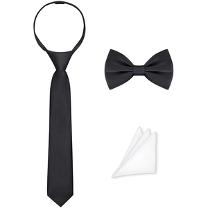 <b>Black</b> Adjustable Zipper Necktie Bow <b>Tie</b> Set With White Pocket Square School Uniform Accessories <b>Boys</b> Formal Wear - Product Image 1