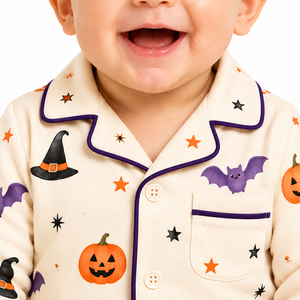 Conjunto de pijama de Halloween para bebé, camisa de manga larga con botones y pantalones con estampado de calabaza, murciélago y sombrero de bruja, ropa de dormir para bebés y niños pequeños - Product Image 2