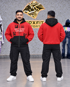 เสื้อฮู้ดดี้ผู้ชายสีแดงดำ ผ้าฝ้าย 100% ทรงโอเวอร์ไซส์ หนานุ่ม สไตล์สตรีทแวร์ สีตัดต่อ รับผลิตตามแบบ OEM ขายส่ง - Product Image 2