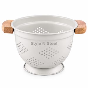 White <b>Stainless</b> <b>Steel</b> <b>Colander</b> Wooden Handle Strainer Basket with Stable Base for Pasta Fruit and Vegetable Washing - Product Image 2