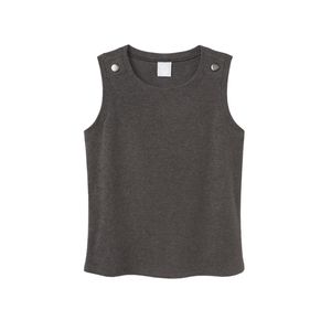Haut sans manches pour femme, uni, avec boutons aux épaules, col rond, coupe classique, gris foncé, en mélange coton et polyester - Product Image 1