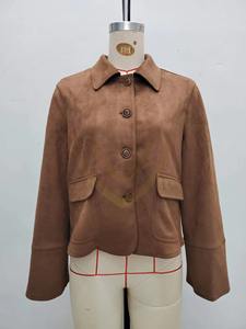 เสื้อแจ็คเก็ตหนังกลับสไตล์วินเทจสำหรับผู้หญิงแฟชั่นฤดูใบไม้ร่วง  ปกคอพับ แขนยาว - Product Image 3