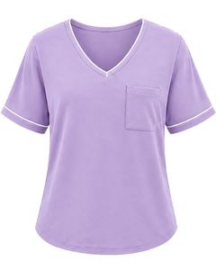 <b>Light</b> Purple Women V <b>Neck</b> T Shirt Contrast Piping Short Sleeve Pocket Tee Soft Breathable Casual Summer Top Comfortable Fit - Product Image 1