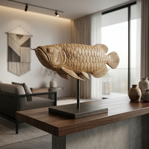 Kerapu Fish Stand Handcrafted <b>Wooden</b> Fish Sculpture <b>Rustic</b> Coastal Tabletop Decorative Artwork Metal Stand Home Decor Accent - Product Image 4
