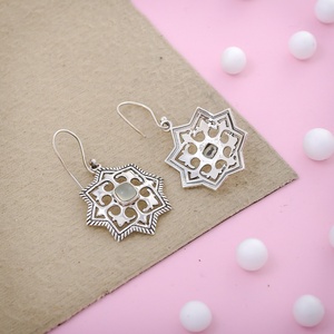 925 Sterling <b>Silver</b> Natural Prehnite Gemstone Floral Star <b>Dangle</b> <b>Earrings</b> Handmade Boho Vintage Women Jewelry - Product Image 3