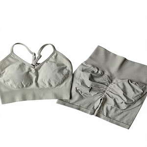 Women's 2 Piece Sports <b>Set</b> Solid Color V Neck Crop Top High Waist Shorts Seamless <b>Knitted</b> Breathable Workout Wear All Seasons - Product Image 5