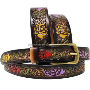 Ceinture d'outillage en cuir occidental véritable marron de qualité supérieure ceinture de cowboy en cuir repoussé à la main en relief floral coloré boucle ardillon en laiton - Product Image 3