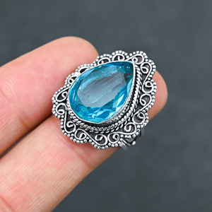 Anillo de Plata de Ley 925 con Topacio Azul Creado en Laboratorio, Hermoso Anillo con Piedra en Forma de Pera, Joyería de Boda Hecha a Mano con Turquesa - Product Image 1