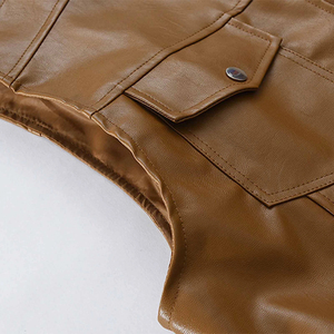 Chaleco de cuero sintético marrón sin mangas para hombre con cremallera y bolsillos, talla grande, ropa de abrigo de otoño, estilo motociclista urbano - Product Image 4