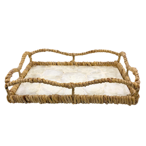 Bandeja rectangular de MDF hecha a mano con elegante incrustación de Capiz blanca y asas de jacinto de agua Bandeja decorativa de fibra natural para servir - Product Image 2