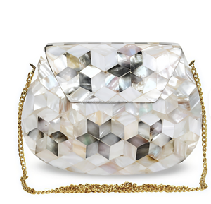 Pochette moderne en métal avec incrustation de nacre, design géométrique, fermeture éclair et détail de la fermeture pour les mariages - Fashionistas - Product Image 3