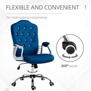 Sedia da Ufficio in Velluto Blu con Ruote Girevoli a 360 Gradi, Altezza Regolabile e Funzione di Inclinazione - Product Image 6