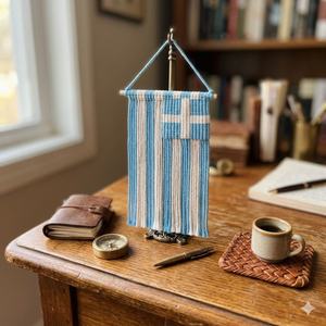 งานฝีมือตกแต่งผนังรูปธงชาติกรีซแบบมาคราเม่ ของตกแต่งห้องนั่งเล่น ของขวัญสำหรับงานขึ้นบ้านใหม่จากเวียดนาม - Product Image 3