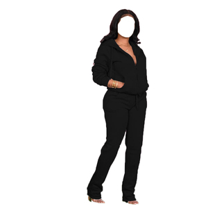 Ensemble de survêtement noir à capuche pour femmes grandes tailles, fermeture éclair intégrale, couleur unie, pantalon de survêtement décontracté, tenue d'automne - Product Image 1