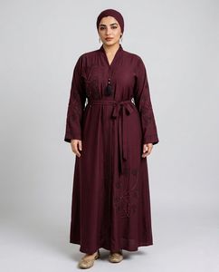 Elegant Burgundy Embroidered Abaya With V Neck <b>Long</b> Sleeve Floor Length Modest <b>Dress</b> <b>For</b> Women Plus Size abaya de style dubaï - Product Image 4