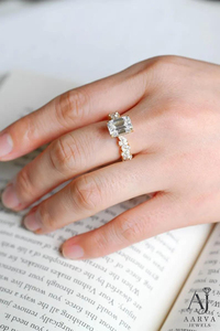 Gold Plated <b>Silver</b> Moissanite Emerald Cut Halo Wedding <b>Band</b> <b>Ring</b> for Women-Anniversary Gift - Product Image 5