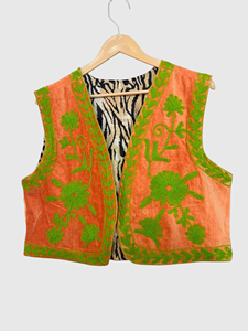 Chaleco de terciopelo naranja para mujer, bordado floral, estilo bohemio, sin mangas, hecho a mano, cuello en V, sin cuello - Product Image 4