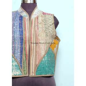 Nuevo chaleco estilo chaqueta de patchwork Kantha multicolor de algodón hecho a mano en India, ecológico y superventas, para uso casual. - Product Image 2