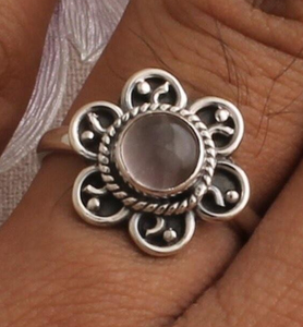 Bague en argent sterling 925 avec péridot et quartz rose, fleur, pierre précieuse naturelle, artisanale, bague de fiançailles de créateur, cadeau pour elle - Product Image 4