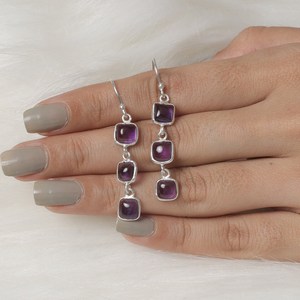Boucles d'oreilles en argent sterling 925 de style bohème de haute qualité 3 améthystes pierres précieuses balancent des bijoux pour les filles idée cadeau d'anniversaire - Product Image 6