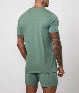 Green T Shirt and Shorts <b>Set</b> OEM Custom Logo Men’s 2 Piece Neutral Color Breathable Slim Fit Gym Best Sportswear Workout Outfit - Product Image 2