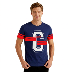 Men's <b>Navy</b> Blue Short Sleeve T-Shirt With White Letter C Print And Red Stripes Contrast Trim Casual O-Neck Design - Product Image 3