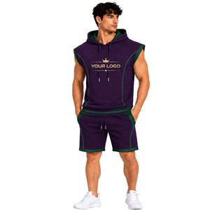 Mens Dark Purple Dark Green <b>Sleeveless</b> Hooded Tracksuit Set Custom Logo Gym Fitness Training Sports <b>Hoodie</b> And Shorts Activewear - Product Image 1