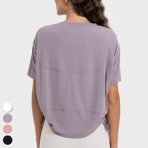 T-shirt en tricot à manches courtes et col rond pour femme, couleur lavande, avec nœud latéral, coupe ample, vêtement décontracté - Product Image 3