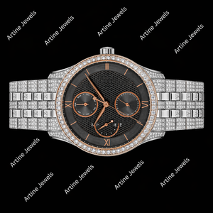 Montre sertie de diamants |   Montre chronographe de luxe avec cadran noir |   Montre personnalisée en moissanite - Product Image 2