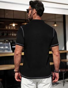 Polo à manches courtes noir pour homme, couleur unie, boutons sur le devant, décontracté, en coton tricoté, avec poche, coupe classique - Product Image 5