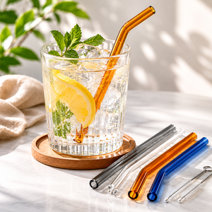 P012-00-00-A Borosilicate Glass Drinking <b>Straws</b> Set with Cleaning Brush <b>Reusable</b> Bent Glass <b>Straws</b> Colored & Clear - Product Image 3
