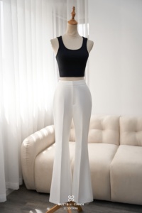 Pantalon large évasé taille haute blanc pour femme, coupe ajustée, élégant, pour le bureau ou décontracté, en polyester et élasthanne ALVA - Product Image 5