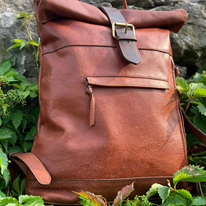 Custom Logo Genuine Leather <b>Roll</b> Top <b>Backpack</b> Water Resistant 15.6 Inch Laptop Rucksack Outdoor Travel Daypack LRTB-0103 - Product Image 1