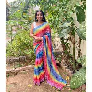 ATRACTIVA CHIFFON BANDHANI PRINT MUKESH WORK SAREE CON BLUSA SIN COSTAR MULTI - Product Image 1