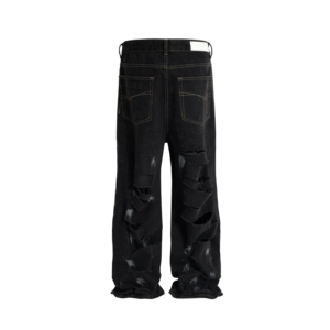Jean large noir déchiré et vieilli pour homme, taille haute, en coton, style urbain, avec braguette boutonnée, poids moyen, pour l'automne - Product Image 6