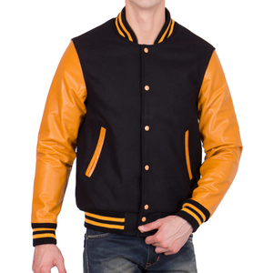 <b>Mens</b> Black and Yellow Varsity <b>Jacket</b> Yellow Leather Sleeves Letterman Bomber <b>Jacket</b> Casual Baseball Style Winter <b>Warm</b> Outerwear - Product Image 2
