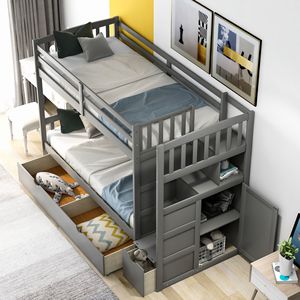 Lit superposé convertible gris avec étagères de rangement et tiroirs, lit superposé pour enfants avec lit double/grand lit - Product Image 6